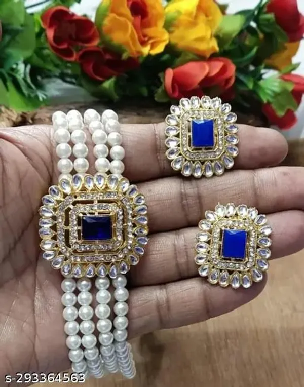 Blue_Gemstone_Pearl_Bracelet_Earrings_Set_Premium_Designer_Jewellery_With_Square_Sapphire_Centerpiece_White_Pearl_Strands_Teardrop_Stones_Golden_Finish_Festive_Wedding_Gifting_Collection_For_Women_Luxury_Ethnic_Party_Wear