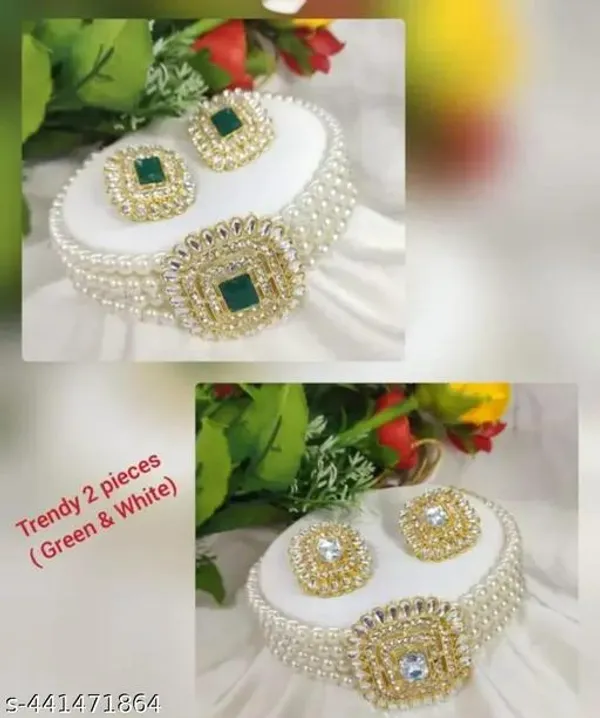 Luxury_Pearl_Choker_Necklace_Set_With_Matching_Stud_Earrings_Green_White_Stone_Square_Design_Traditional_Kundan_Style_Jewelry_For_Wedding_Party_Festive_Bridal_Wear_Trendy_2_Piece_Ethnic_Jewelry_Set