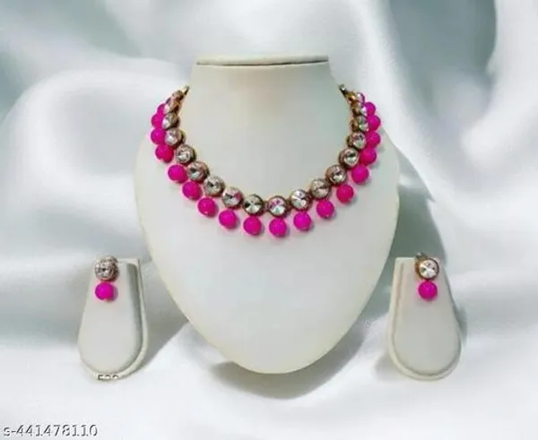 Stylish_Gold_Plated_Crystal_Necklace_Set_With_Pink_Beads_Trendy_Short_Necklace_Matching_Earrings_Elegant_Party_Wear_Jewellery_For_Women_Contemporary_Fashion_Jewellery_For_Festive_Wedding_Casual_Special_Occasions