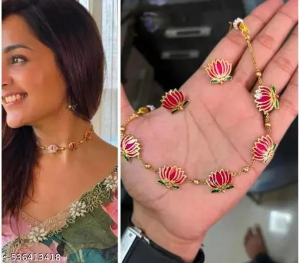 Lotus_Necklace_Set_For_Women_Traditional_Gold_Plated_Pink_Lotus_Jewellery_Stylish_Handmade_Floral_Necklace_With_Earrings_Ethnic_Wedding_Festive_Party_Wear_Jewellery_Perfect_Gift_For_Wife_Sister_Girlfriend_Mother