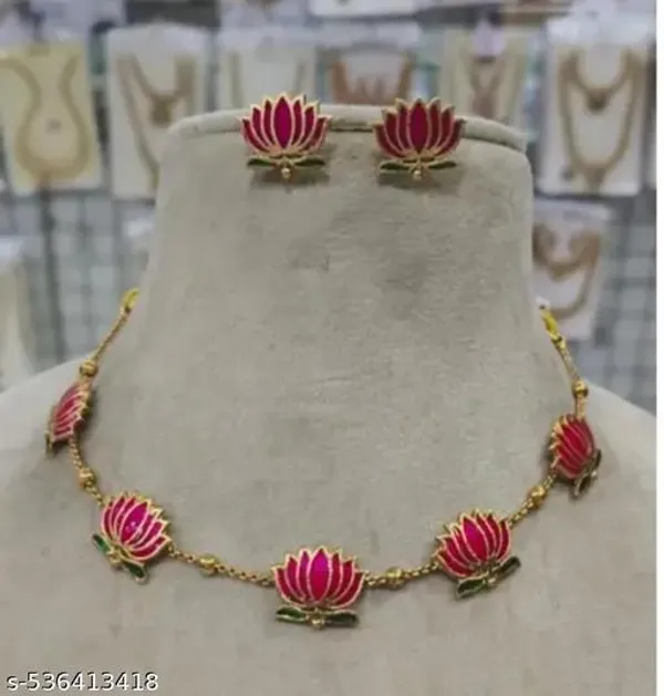 Lotus_Necklace_Set_For_Women_Traditional_Gold_Plated_Pink_Lotus_Jewellery_Stylish_Handmade_Floral_Necklace_With_Earrings_Ethnic_Wedding_Festive_Party_Wear_Jewellery_Perfect_Gift_For_Wife_Sister_Girlfriend_Mother