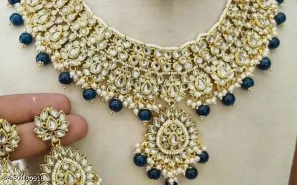Bridal_Gold_Plated_Kundan_Necklace_Set_With_Blue_Beads_For_Women_Traditional_Choker_Jewellery_With_Matching_Earrings_Maang_Tikka_Anti_Tarnish_Ethnic_Wedding_Festive_Party_Wear_Jewellery_Set_Elegant_Gift_For_Wife_Mother_Sister_Girlfriend