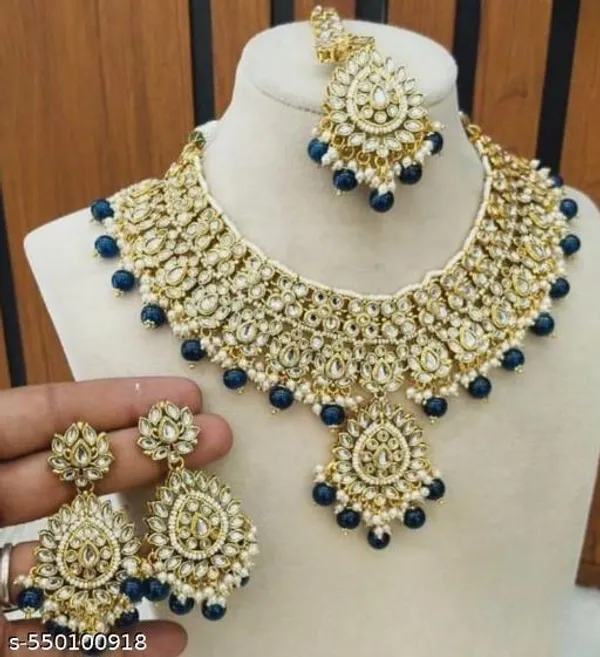 Bridal_Gold_Plated_Kundan_Necklace_Set_With_Blue_Beads_For_Women_Traditional_Choker_Jewellery_With_Matching_Earrings_Maang_Tikka_Anti_Tarnish_Ethnic_Wedding_Festive_Party_Wear_Jewellery_Set_Elegant_Gift_For_Wife_Mother_Sister_Girlfriend