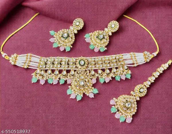 Elegant_Gold_Plated_Kundan_Pearl_Pastel_Bead_Choker_Necklace_Set_With_Earrings_Maang_Tikka_Bridal_Wedding_Festive_Jewellery_Anti_Tarnish_Gift_For_Wife_Mother_Sister_Girlfriend