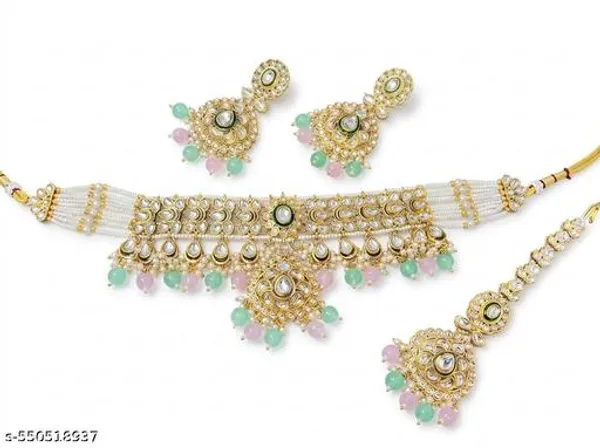 Elegant_Gold_Plated_Kundan_Pearl_Pastel_Bead_Choker_Necklace_Set_With_Earrings_Maang_Tikka_Bridal_Wedding_Festive_Jewellery_Anti_Tarnish_Gift_For_Wife_Mother_Sister_Girlfriend