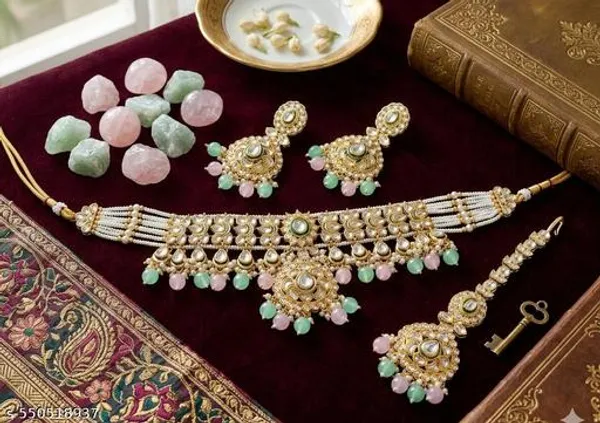 Elegant_Gold_Plated_Kundan_Pearl_Pastel_Bead_Choker_Necklace_Set_With_Earrings_Maang_Tikka_Bridal_Wedding_Festive_Jewellery_Anti_Tarnish_Gift_For_Wife_Mother_Sister_Girlfriend