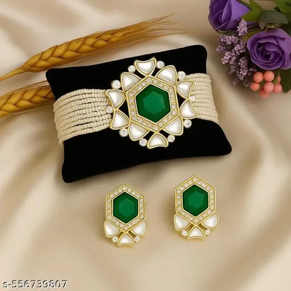 Emerald_Green_Kundan_Pearl_Choker_Necklace_Set_With_Earrings_For_Women_Gold_Plated_Traditional_Bridal_Jewellery_Set_Elegant_Ethnic_Choker_For_Wedding_Festive_Party_Wear_Stylish_Gift_For_Mother_Sister_Wife_Girlfriend