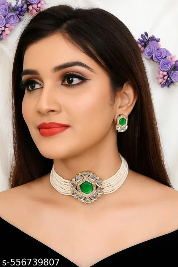 Emerald_Green_Kundan_Pearl_Choker_Necklace_Set_With_Earrings_For_Women_Gold_Plated_Traditional_Bridal_Jewellery_Set_Elegant_Ethnic_Choker_For_Wedding_Festive_Party_Wear_Stylish_Gift_For_Mother_Sister_Wife_Girlfriend