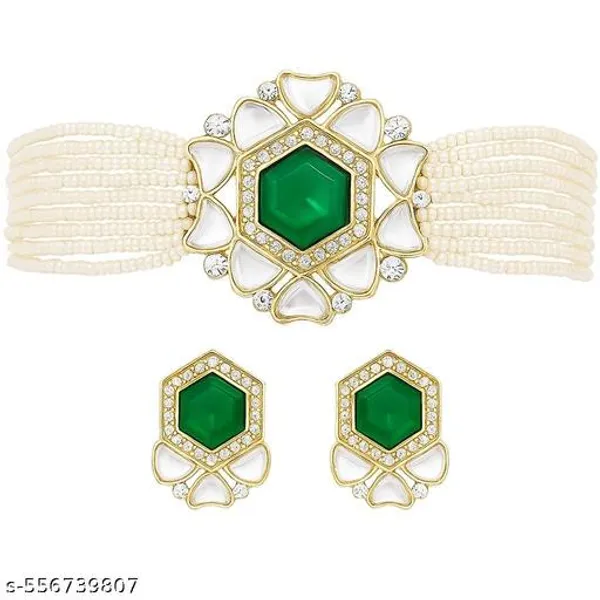 Emerald_Green_Kundan_Pearl_Choker_Necklace_Set_With_Earrings_For_Women_Gold_Plated_Traditional_Bridal_Jewellery_Set_Elegant_Ethnic_Choker_For_Wedding_Festive_Party_Wear_Stylish_Gift_For_Mother_Sister_Wife_Girlfriend