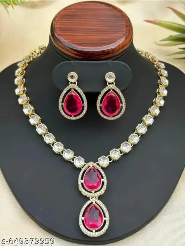 Premium_Mirror_Kundan_Necklace_Set_For_Women_Girls_Elegant_Double_Teardrop_Pendant_Ad_Stone_Jewellery_With_Matching_Earrings_Traditional_Wedding_Party_Festive_Wear_Ideal_Gift_For_Wife_Sister_Mother_Girlfriend_Stylish_Ethnic_Accessory