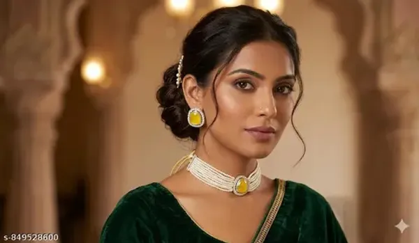 Elegant_Pearl_Choker_Necklace_Set_With_Yellow_Stone_Pendant_Matching_Stud_Earrings_For_Women_Girls