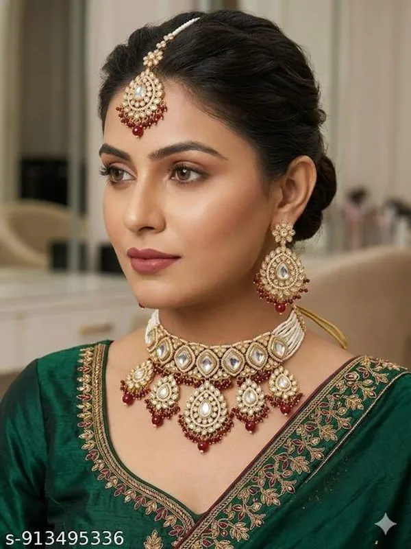 Bridal_Choker_Necklace_Set_With_Earrings_Maang_Tikka_Gold_Finish_Jewellery_With_White_Stones_Red_Beads_Traditional_Wedding_Festive_Wear_Elegant_Ethnic_Design_Lightweight_Comfortable_Fit_Ideal_For_Brides_Parties_Gifting_Occasions