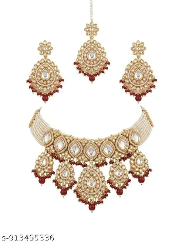 Bridal_Choker_Necklace_Set_With_Earrings_Maang_Tikka_Gold_Finish_Jewellery_With_White_Stones_Red_Beads_Traditional_Wedding_Festive_Wear_Elegant_Ethnic_Design_Lightweight_Comfortable_Fit_Ideal_For_Brides_Parties_Gifting_Occasions