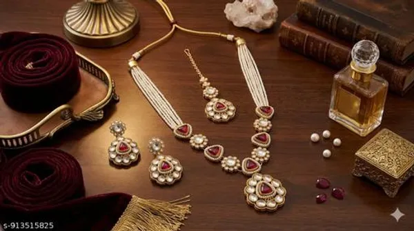 Bridal_Gold_Tone_Jewellery_Set_With_Necklace_Earrings_Maang_Tikka_Red_Stone_White_Pearl_Embellished_Traditional_Wedding_Set_Lightweight_Elegant_Comfortable_Perfect_For_Brides_Festive_Wear_Parties_Gifting