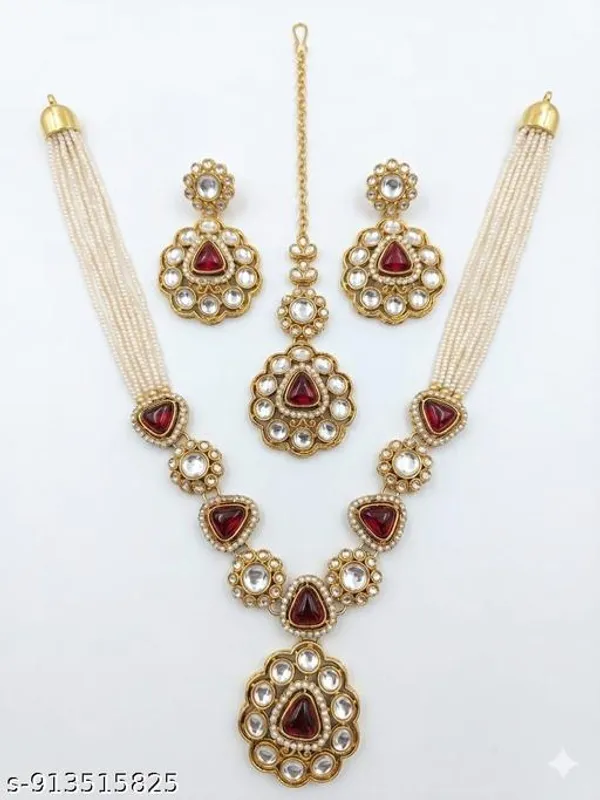 Bridal_Gold_Tone_Jewellery_Set_With_Necklace_Earrings_Maang_Tikka_Red_Stone_White_Pearl_Embellished_Traditional_Wedding_Set_Lightweight_Elegant_Comfortable_Perfect_For_Brides_Festive_Wear_Parties_Gifting