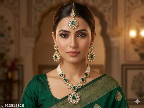 Bridal_Gold_Tone_Jewellery_Set_With_Necklace_Earrings_Maang_Tikka_Green_Stone_White_Pearl_Embellished_Traditional_Set_Elegant_Lightweight_Comfortable_Design_Perfect_For_Weddings_Festivals_Parties_Gifting