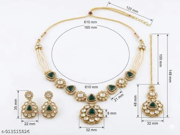 Bridal_Gold_Tone_Jewellery_Set_With_Necklace_Earrings_Maang_Tikka_Green_Stone_White_Pearl_Embellished_Traditional_Set_Elegant_Lightweight_Comfortable_Design_Perfect_For_Weddings_Festivals_Parties_Gifting