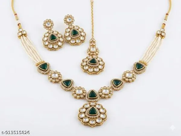 Bridal_Gold_Tone_Jewellery_Set_With_Necklace_Earrings_Maang_Tikka_Green_Stone_White_Pearl_Embellished_Traditional_Set_Elegant_Lightweight_Comfortable_Design_Perfect_For_Weddings_Festivals_Parties_Gifting