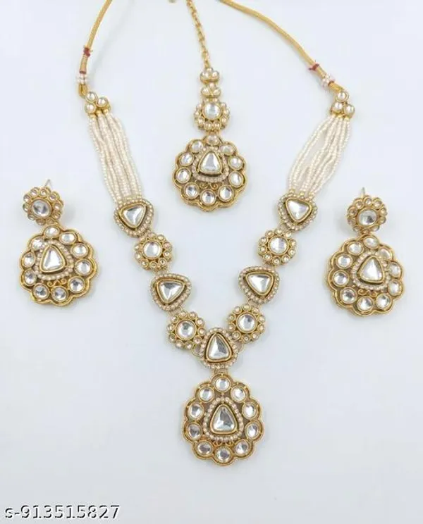 Bridal_Gold_Tone_Jewellery_Set_With_Necklace_Earrings_Maang_Tikka_White_Stone_Teardrop_Circular_Design_Premium_Traditional_Set_Lightweight_Elegant_Comfortable_Perfect_For_Weddings_Festive_Wear_Parties_Gifting