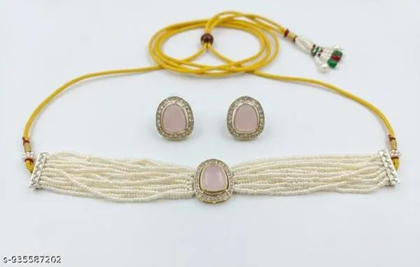 Graceful_Pink_Stone_Pearl_Choker_Set_Multi_Strand_White_Pearl_Necklace_With_Gold_Detailing_And_Matching_Pink_Gem_Stud_Earrings_Ideal_For_Bridal_Festive_Or_Heritage_Occasions