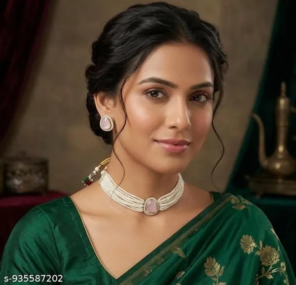 Graceful_Pink_Stone_Pearl_Choker_Set_Multi_Strand_White_Pearl_Necklace_With_Gold_Detailing_And_Matching_Pink_Gem_Stud_Earrings_Ideal_For_Bridal_Festive_Or_Heritage_Occasions