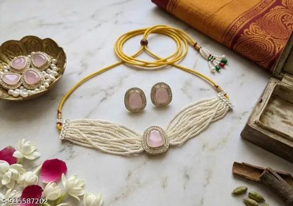 Graceful_Pink_Stone_Pearl_Choker_Set_Multi_Strand_White_Pearl_Necklace_With_Gold_Detailing_And_Matching_Pink_Gem_Stud_Earrings_Ideal_For_Bridal_Festive_Or_Heritage_Occasions