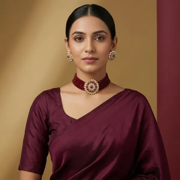 Luxurious_Red_Beaded_Choker_Necklace_With_Gold_Floral_Motifs_Central_Gemstone_Detailing_Traditional_Bridal_Jewelry_Premium_Ethnic_Accessory_For_Weddings_Festive_Gifting_And_Lifestyle_Fashion_Statement
