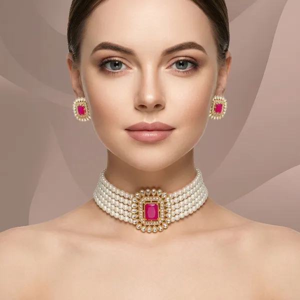Bridal_Pearl_Choker_Jewelry_Set_Gold_Plated_Kundan_Design_Matching_Stud_Earrings_Pink_Stone_Centerpiece_Traditional_Ethnic_Festive_Accessory_Wedding_Party_Jewelry_For_Women_Girls
