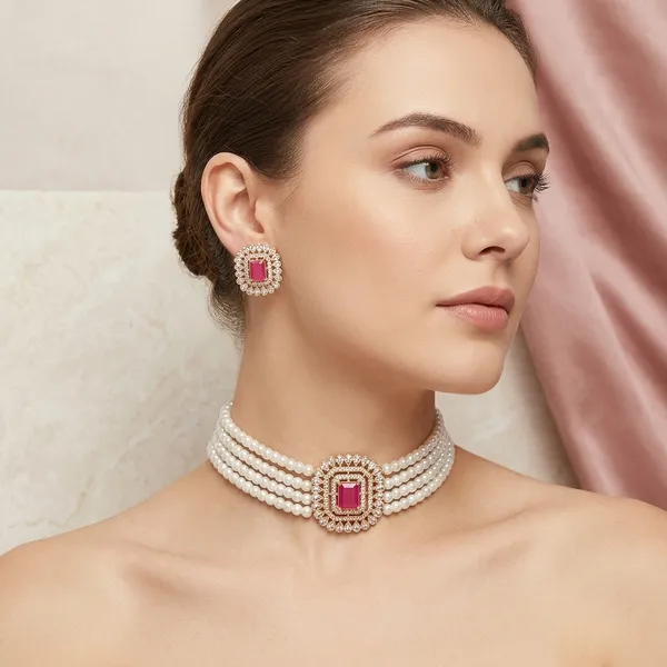 Bridal_Pearl_Choker_Jewelry_Set_Gold_Plated_Kundan_Design_Matching_Stud_Earrings_Pink_Stone_Centerpiece_Traditional_Ethnic_Festive_Accessory_Wedding_Party_Jewelry_For_Women_Girls