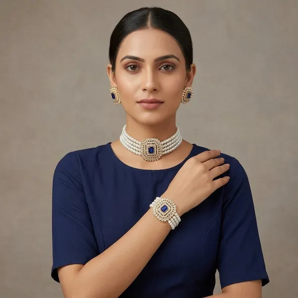 Blue_Gemstone_Pearl_Bracelet_Earrings_Set_Premium_Designer_Jewellery_With_Square_Sapphire_Centerpiece_White_Pearl_Strands_Teardrop_Stones_Golden_Finish_Festive_Wedding_Gifting_Collection_For_Women_Luxury_Ethnic_Party_Wear
