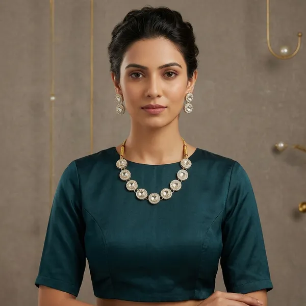 Traditional_Gold_Plated_Circular_Necklace_Set_With_Clear_Gemstones_Matching_Earrings_Ornate_Bridal_Jewellery_With_Red_Thread_Accents_Perfect_For_Weddings_Parties_Festive_Wear_Premium_Gifting_Elegant_Ethnic_Design_With_Sparkling_Stones