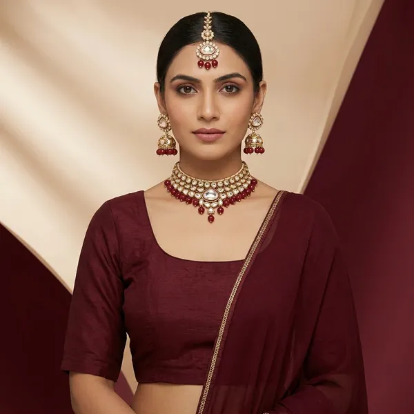 Bridal_Kundan_Necklace_Set_With_Maang_Tikka_Earrings_Traditional_Gold_Tone_Choker_Jewelry_Set_With_Red_Beads_Polki_Stones_Ethnic_Wedding_Festive_Party_Wear_Statement_Jewelry_Set_For_Women