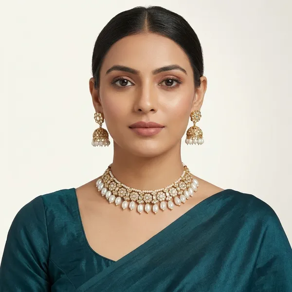 Traditional_Gold_Plated_Kundan_Pearl_Choker_Necklace_Set_For_Women_Girls_Bridal_Jewellery_With_Matching_Jhumka_Earrings_Ethnic_Wear_Set_For_Wedding_Party_Festive_Look_Gift_For_Wife_Sister_Mother_Girlfriend_Anti_Tarnish_Artificial_Jewellery