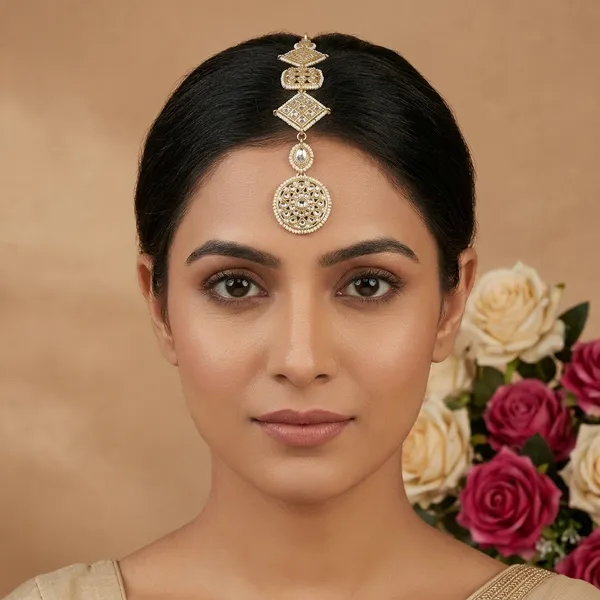 Designer_Kundan_Maang_Tikka_In_Gold_Tone_Finish_Elegant_Geometric_Floral_Forehead_Jewelry_With_White_Stones_Traditional_Bridal_Accessory_For_Women_Perfect_For_Weddings_Festivals_Engagements