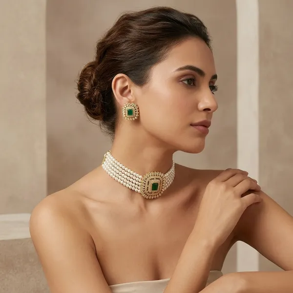 Luxury_Pearl_Choker_Necklace_Set_With_Matching_Stud_Earrings_Green_White_Stone_Square_Design_Traditional_Kundan_Style_Jewelry_For_Wedding_Party_Festive_Bridal_Wear_Trendy_2_Piece_Ethnic_Jewelry_Set