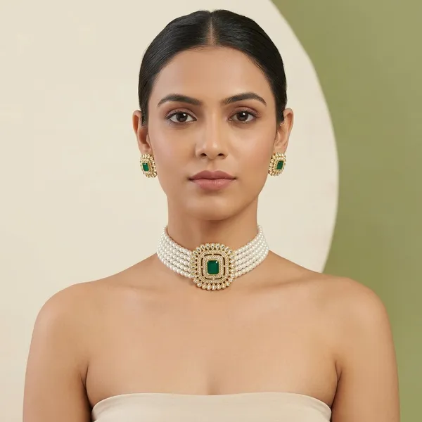 Luxury_Pearl_Choker_Necklace_Set_With_Matching_Stud_Earrings_Green_White_Stone_Square_Design_Traditional_Kundan_Style_Jewelry_For_Wedding_Party_Festive_Bridal_Wear_Trendy_2_Piece_Ethnic_Jewelry_Set