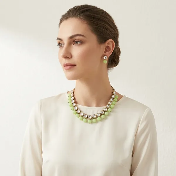 Dual_Row_Metallic_Light_Green_Beaded_Necklace_With_Matching_Earrings_Premium_Fashion_Jewellery_Set_For_Women_Party_Wedding_Festive_Wear_Stylish_Gift_Choice_Lightweight_Durable_Comfortable_Daily_Accessory_For_Modern_Lifestyle