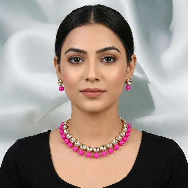 Stylish_Gold_Plated_Crystal_Necklace_Set_With_Pink_Beads_Trendy_Short_Necklace_Matching_Earrings_Elegant_Party_Wear_Jewellery_For_Women_Contemporary_Fashion_Jewellery_For_Festive_Wedding_Casual_Special_Occasions