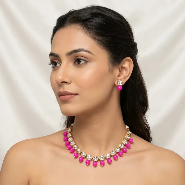 Stylish_Gold_Plated_Crystal_Necklace_Set_With_Pink_Beads_Trendy_Short_Necklace_Matching_Earrings_Elegant_Party_Wear_Jewellery_For_Women_Contemporary_Fashion_Jewellery_For_Festive_Wedding_Casual_Special_Occasions