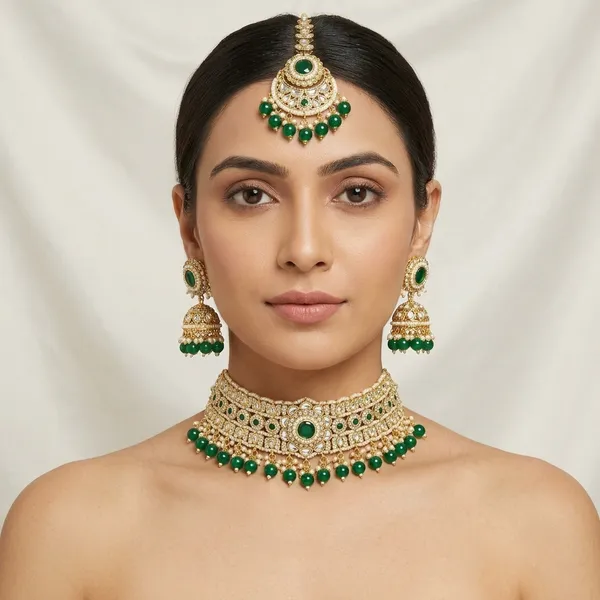 Traditional_Kundan_Choker_Necklace_Set_For_Women_Green_Beaded_Bridal_Jewellery_Set_With_Earrings_Maang_Tikka_Ethnic_Gold_Plated_Necklace_For_Wedding_Party_Festive_Wear_Stylish_Indian_Choker_Gift_For_Wife_Gift_For_Sister_Gift_For_Girlfriend_Anniversary_Gift