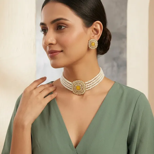 Elegant_Pearl_Choker_Necklace_Set_With_Yellow_Stone_Kundan_Design_Traditional_Bridal_Festive_Jewelry_Matching_Earrings_Included_Perfect_For_Weddings_Parties_Ethnic_Wear_Premium_Finish_Statement_Set