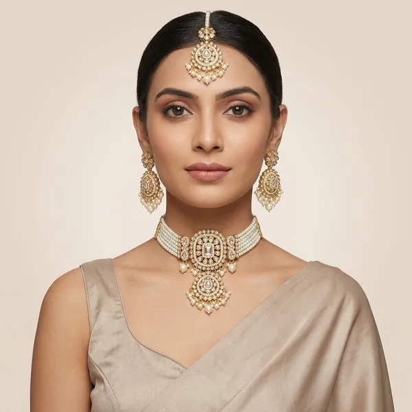 Premium_Royal_Kundan_Pearl_Choker_Necklace_Set_Gold_Tone_Bridal_Jewellery_With_Matching_Earrings_Maang_Tikka_Ethnic_Wedding_Festive_Party_Wear_Statement_Jewellery_Set_For_Women_Luxurious_Bridal_Party_Accessory