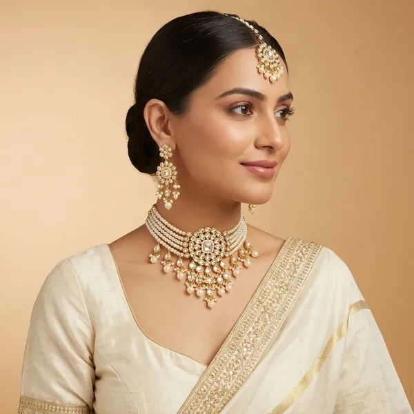Premium_Royal_Kundan_Pearl_Choker_Necklace_Set_Gold_Tone_Bridal_Jewellery_With_Matching_Earrings_Maang_Tikka_Ethnic_Wedding_Festive_Party_Wear_Statement_Jewellery_Set_For_Women_Luxurious_Bridal_Party_Accessory