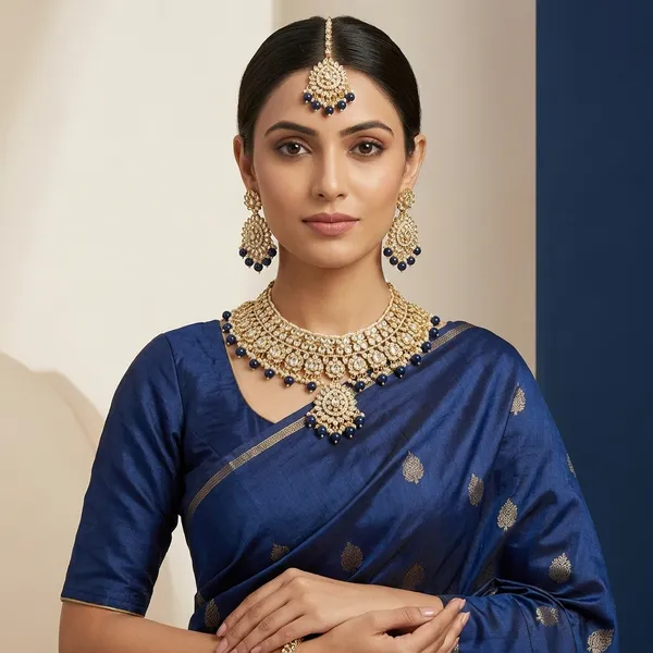 Bridal_Gold_Plated_Kundan_Necklace_Set_With_Blue_Beads_For_Women_Traditional_Choker_Jewellery_With_Matching_Earrings_Maang_Tikka_Anti_Tarnish_Ethnic_Wedding_Festive_Party_Wear_Jewellery_Set_Elegant_Gift_For_Wife_Mother_Sister_Girlfriend