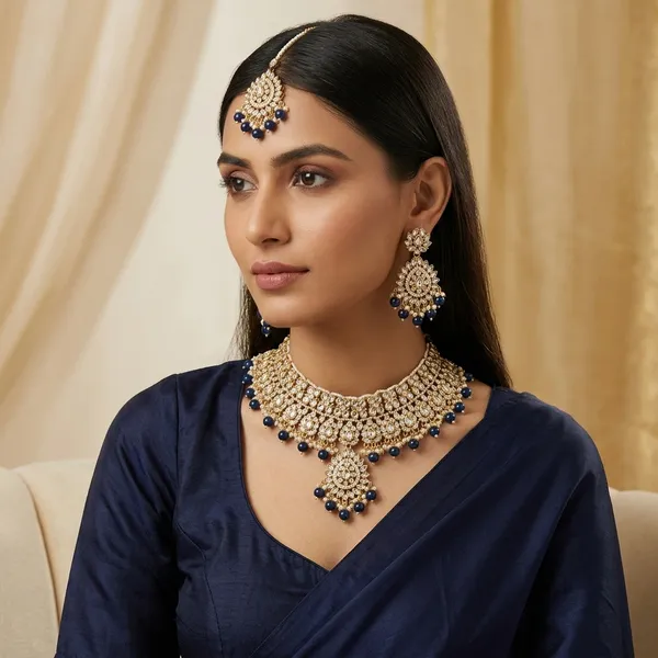 Bridal_Gold_Plated_Kundan_Necklace_Set_With_Blue_Beads_For_Women_Traditional_Choker_Jewellery_With_Matching_Earrings_Maang_Tikka_Anti_Tarnish_Ethnic_Wedding_Festive_Party_Wear_Jewellery_Set_Elegant_Gift_For_Wife_Mother_Sister_Girlfriend