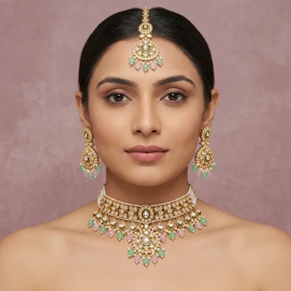 Elegant_Gold_Plated_Kundan_Pearl_Pastel_Bead_Choker_Necklace_Set_With_Earrings_Maang_Tikka_Bridal_Wedding_Festive_Jewellery_Anti_Tarnish_Gift_For_Wife_Mother_Sister_Girlfriend