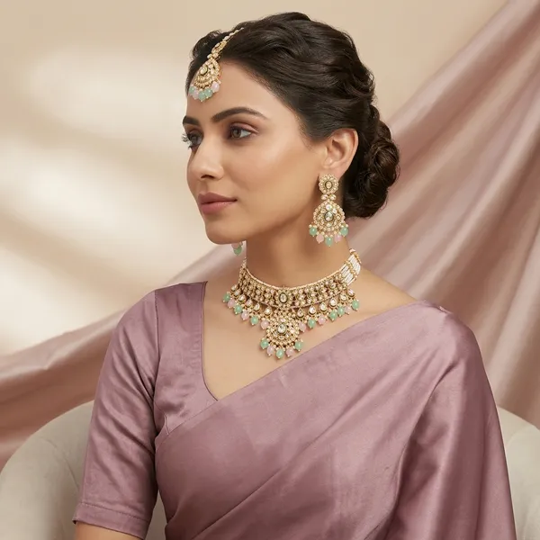 Elegant_Gold_Plated_Kundan_Pearl_Pastel_Bead_Choker_Necklace_Set_With_Earrings_Maang_Tikka_Bridal_Wedding_Festive_Jewellery_Anti_Tarnish_Gift_For_Wife_Mother_Sister_Girlfriend