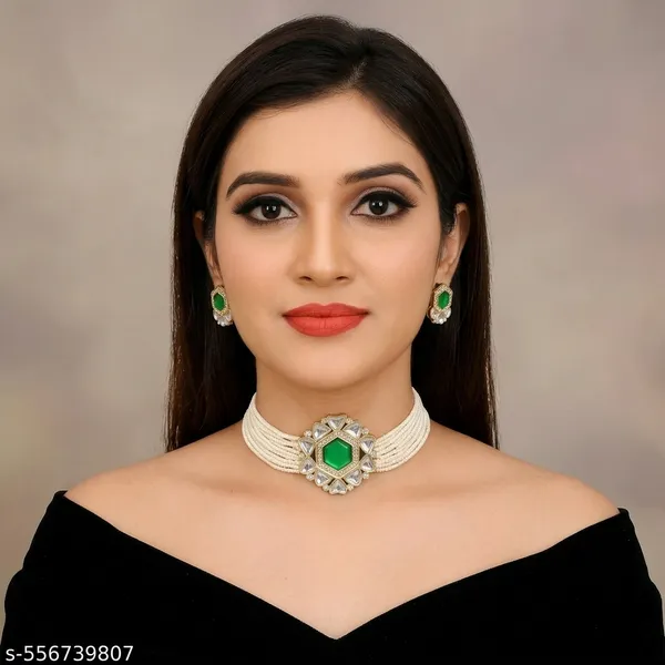Emerald_Green_Kundan_Pearl_Choker_Necklace_Set_With_Earrings_For_Women_Gold_Plated_Traditional_Bridal_Jewellery_Set_Elegant_Ethnic_Choker_For_Wedding_Festive_Party_Wear_Stylish_Gift_For_Mother_Sister_Wife_Girlfriend
