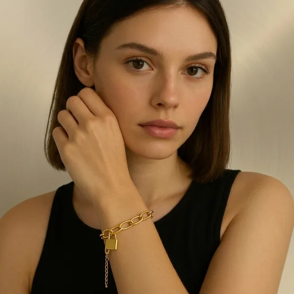 Modern_Gold_Tone_Chain_Bracelet_For_Women_Girls_Mixed_Oval_Link_Design_With_Sleek_Padlock_Charm_Adjustable_Extender_For_Perfect_Fit_Minimalist_Yet_Bold_Everyday_Wear_Jewellery_Stylish_Trendy_Elegant_Accessory_For_Casual_Party_Daily_Fashion