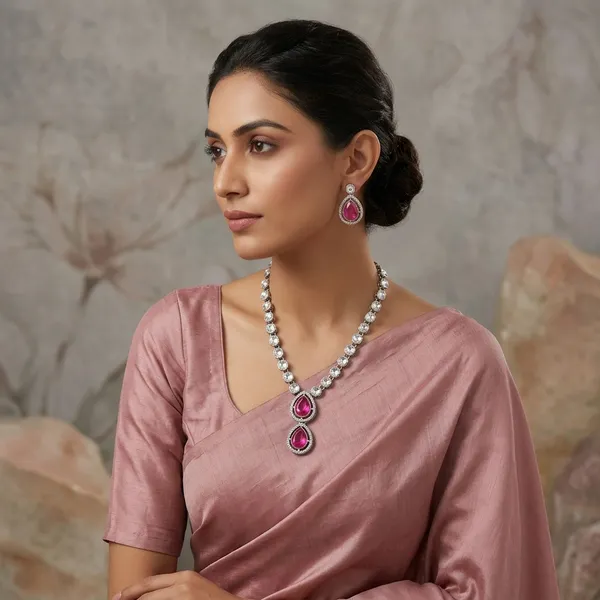 Premium_Mirror_Kundan_Necklace_Set_For_Women_Girls_Elegant_Double_Teardrop_Pendant_Ad_Stone_Jewellery_With_Matching_Earrings_Traditional_Wedding_Party_Festive_Wear_Ideal_Gift_For_Wife_Sister_Mother_Girlfriend_Stylish_Ethnic_Accessory